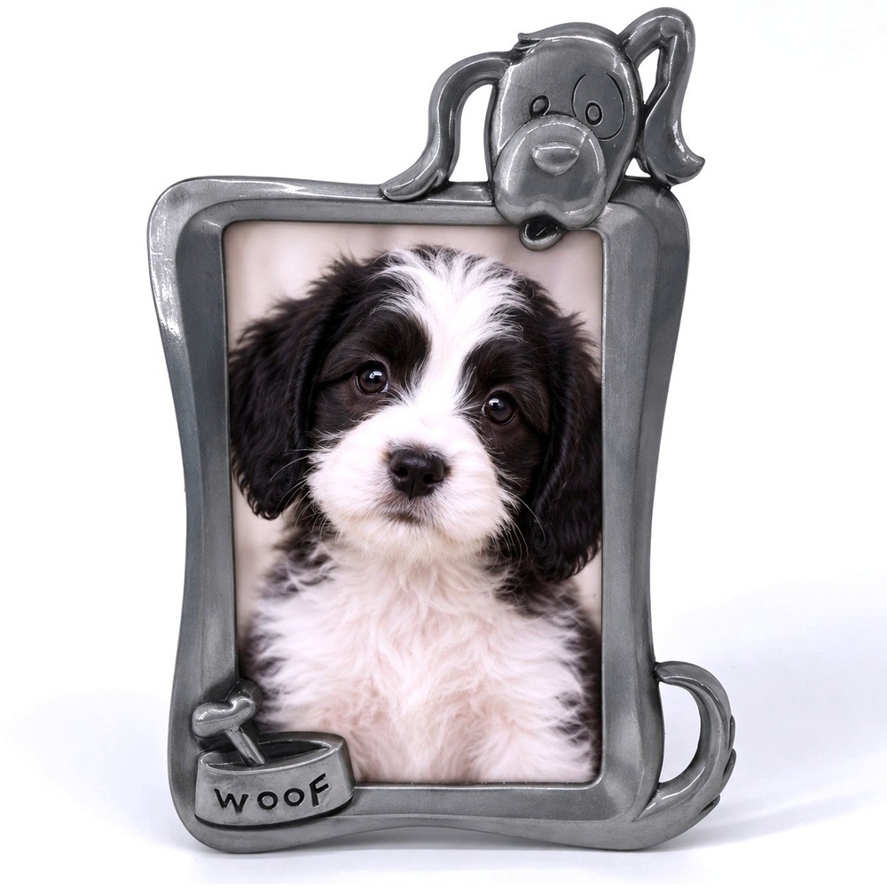WOOF Doggie Picture Frame Pewter Tone Photo Frame Puppy Bone Desk Tabletop Decor